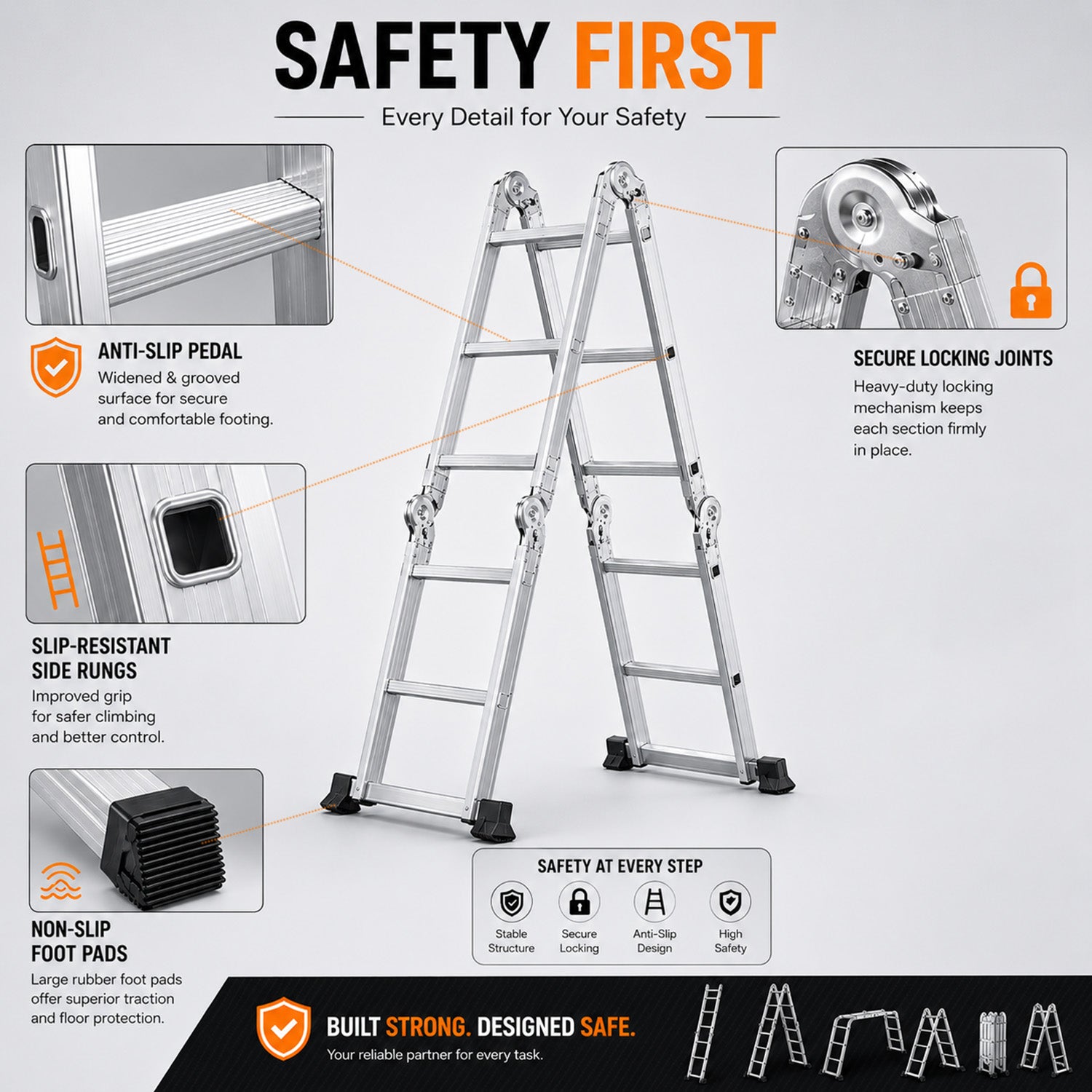 7 in 1 Folding Aluminium Ladder with Anti Skid Pedal Multi Purpose Tool