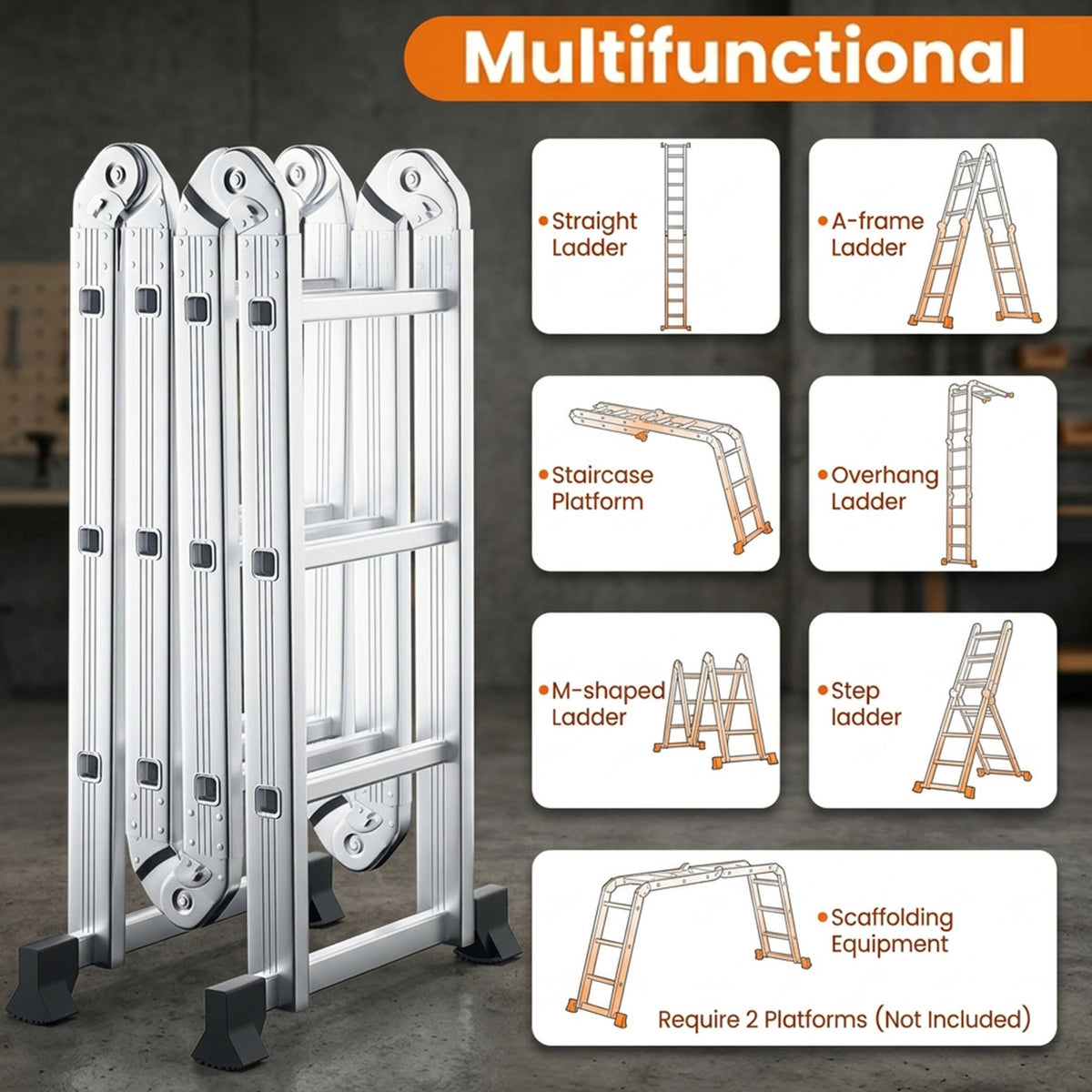7 in 1 Folding Aluminium Ladder with Anti Skid Pedal Multi Purpose Tool