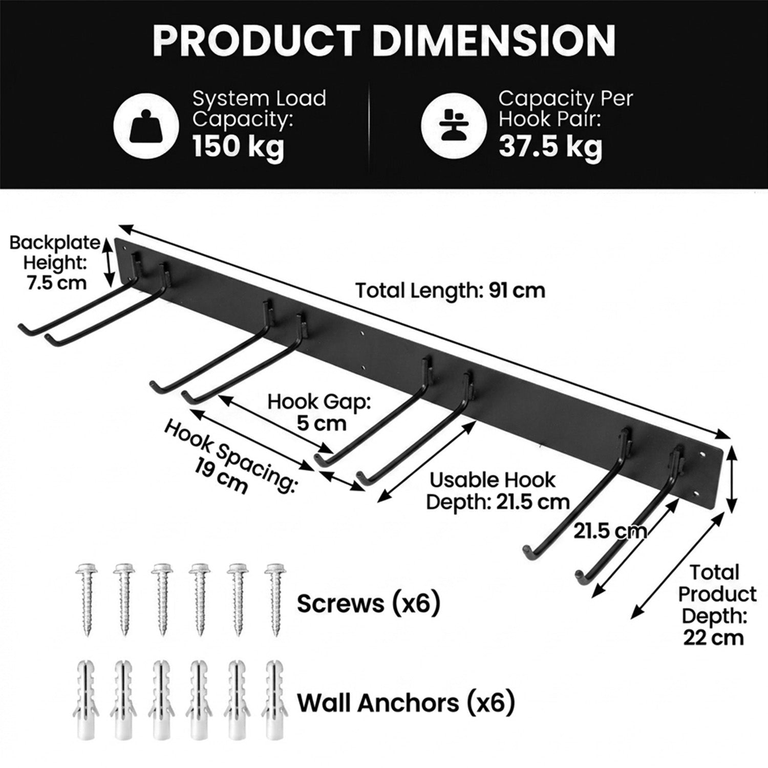 Garden Tool Organiser with 8 Hooks for Home Office Garage Storage Wall Mount