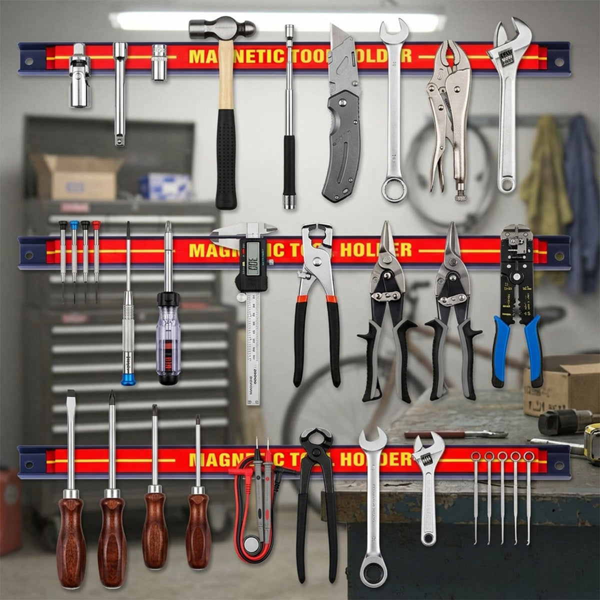 Set of 3 Magnetic Tool Holder Bars for Knife and Wrench Storage Organiser