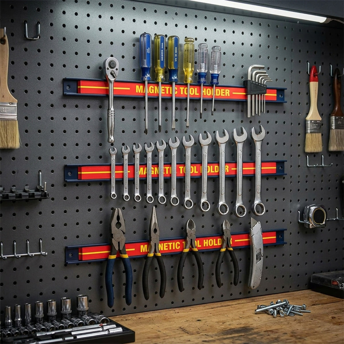 Set of 3 Magnetic Tool Holder Bars for Knife and Wrench Storage Organiser