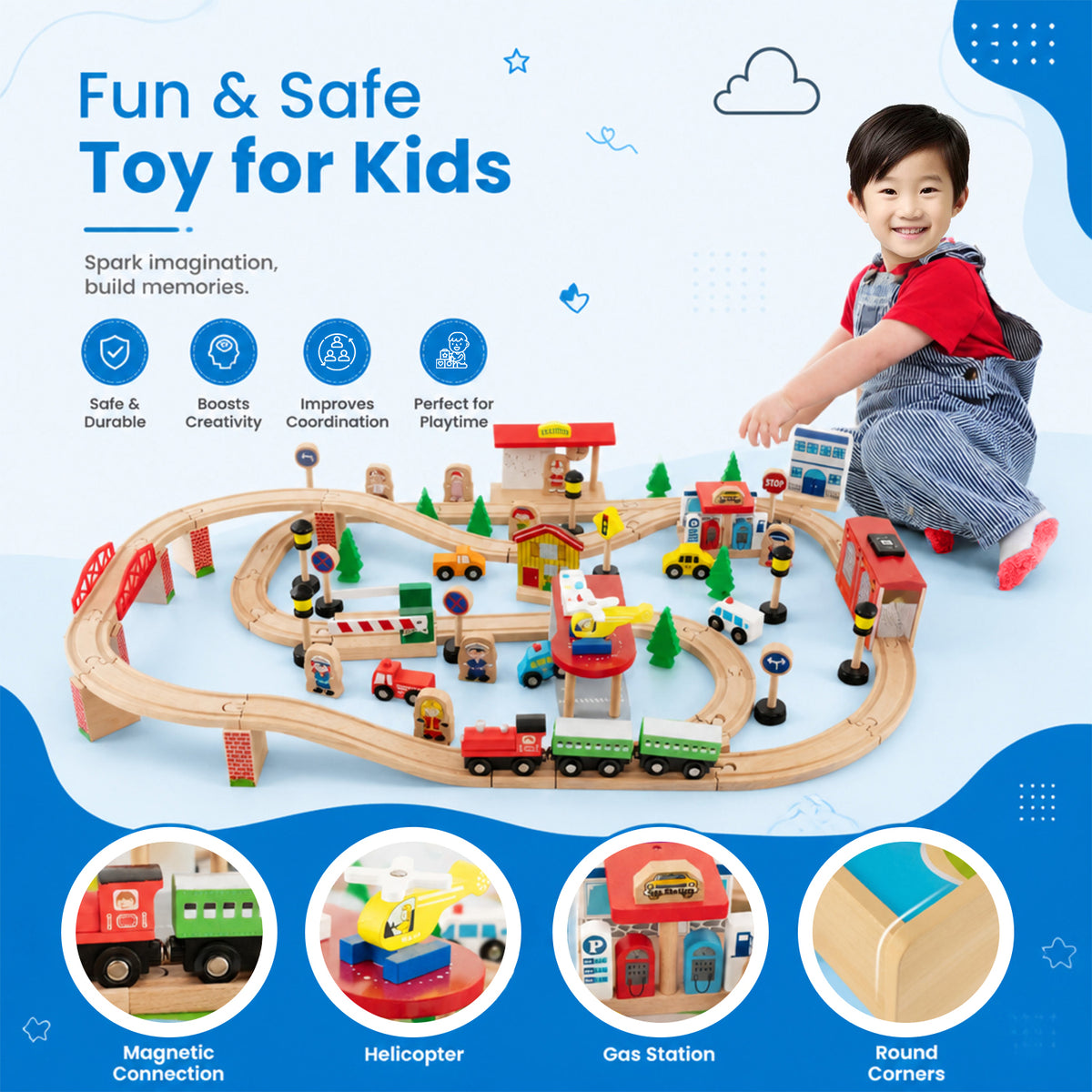 Wooden Train Table Set 84/80 Pieces Reversible Tabletop Kids Activity Table