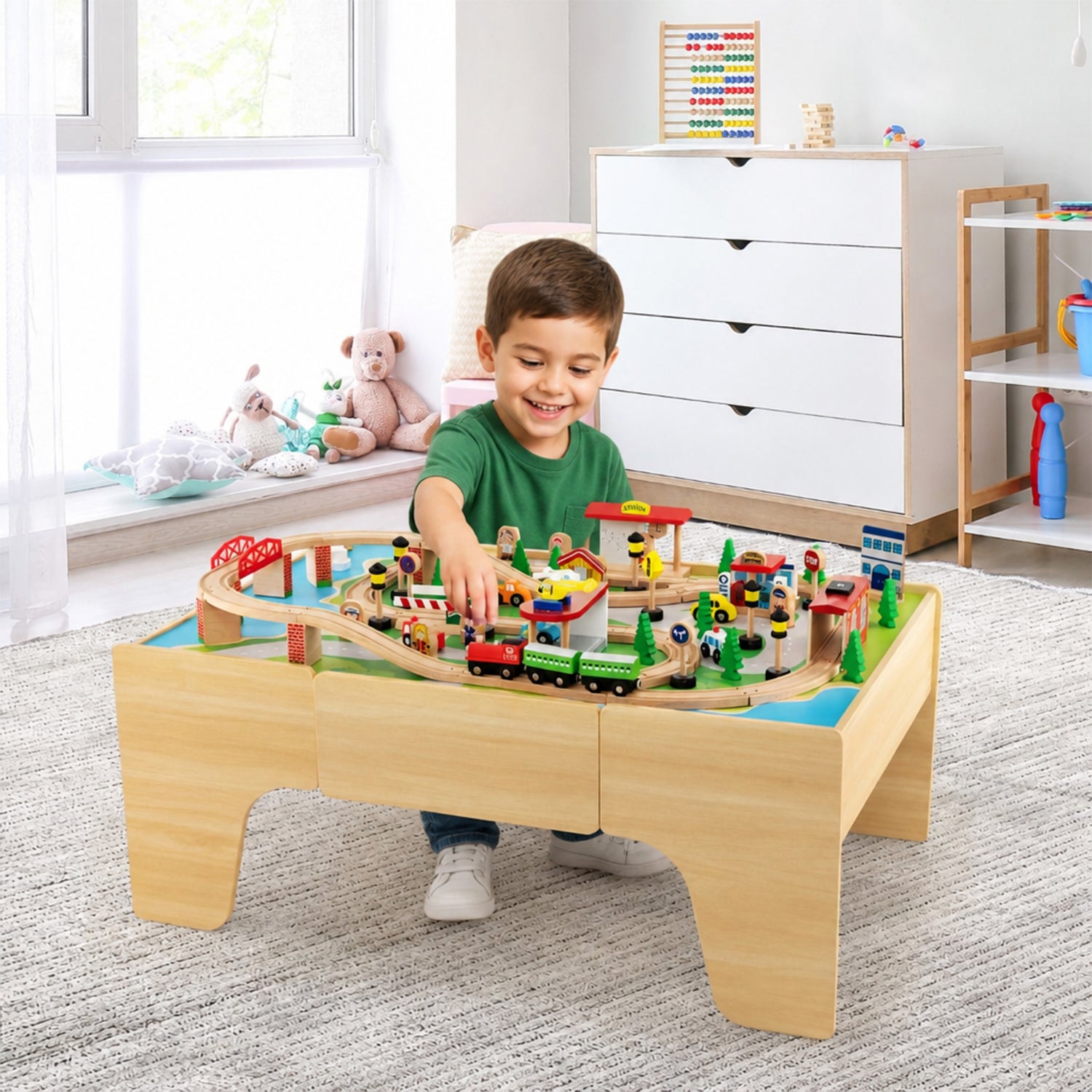 Wooden Train Table Set 84/80 Pieces Reversible Tabletop Kids Activity Table