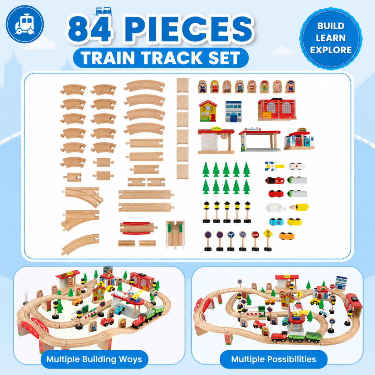 Wooden Train Table Set 84/80 Pieces Reversible Tabletop Kids Activity Table