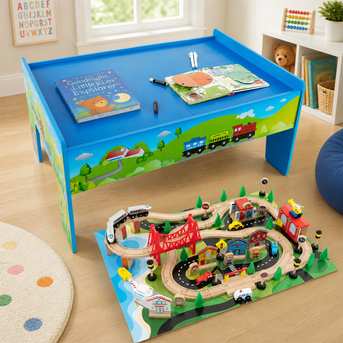 Wooden Train Table Set 84/80 Pieces Reversible Tabletop Kids Activity Table