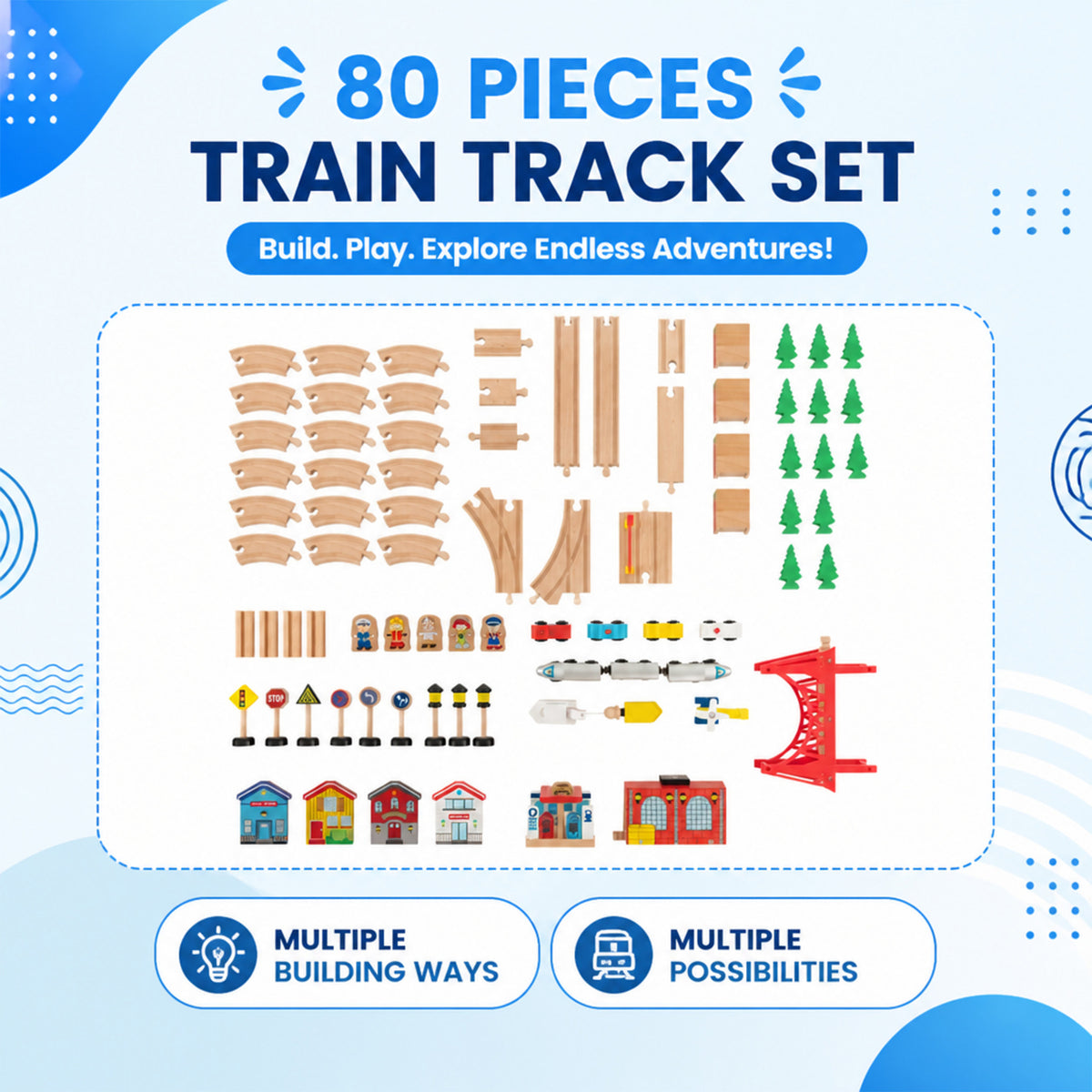 Wooden Train Table Set 84/80 Pieces Reversible Tabletop Kids Activity Table