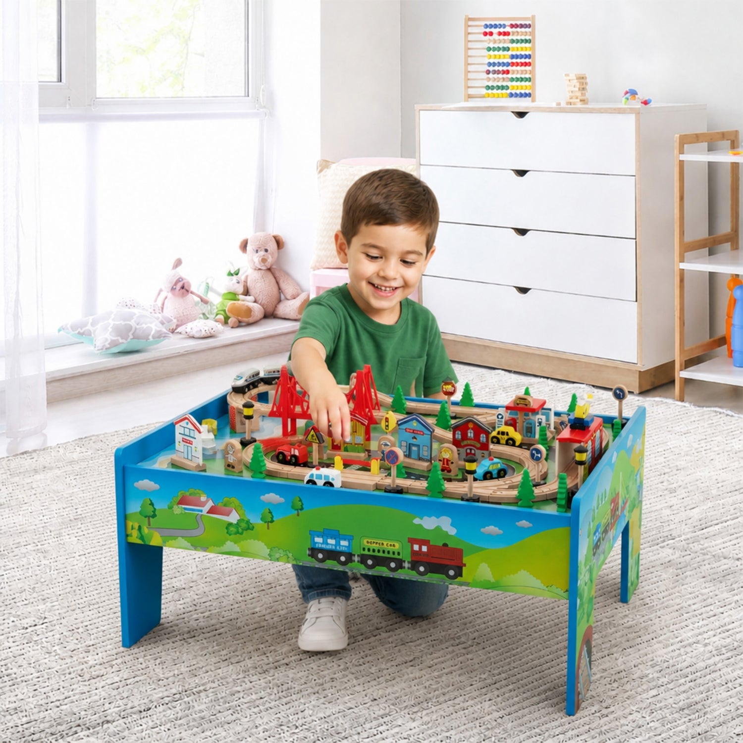 Wooden Train Table Set 84/80 Pieces Reversible Tabletop Kids Activity Table