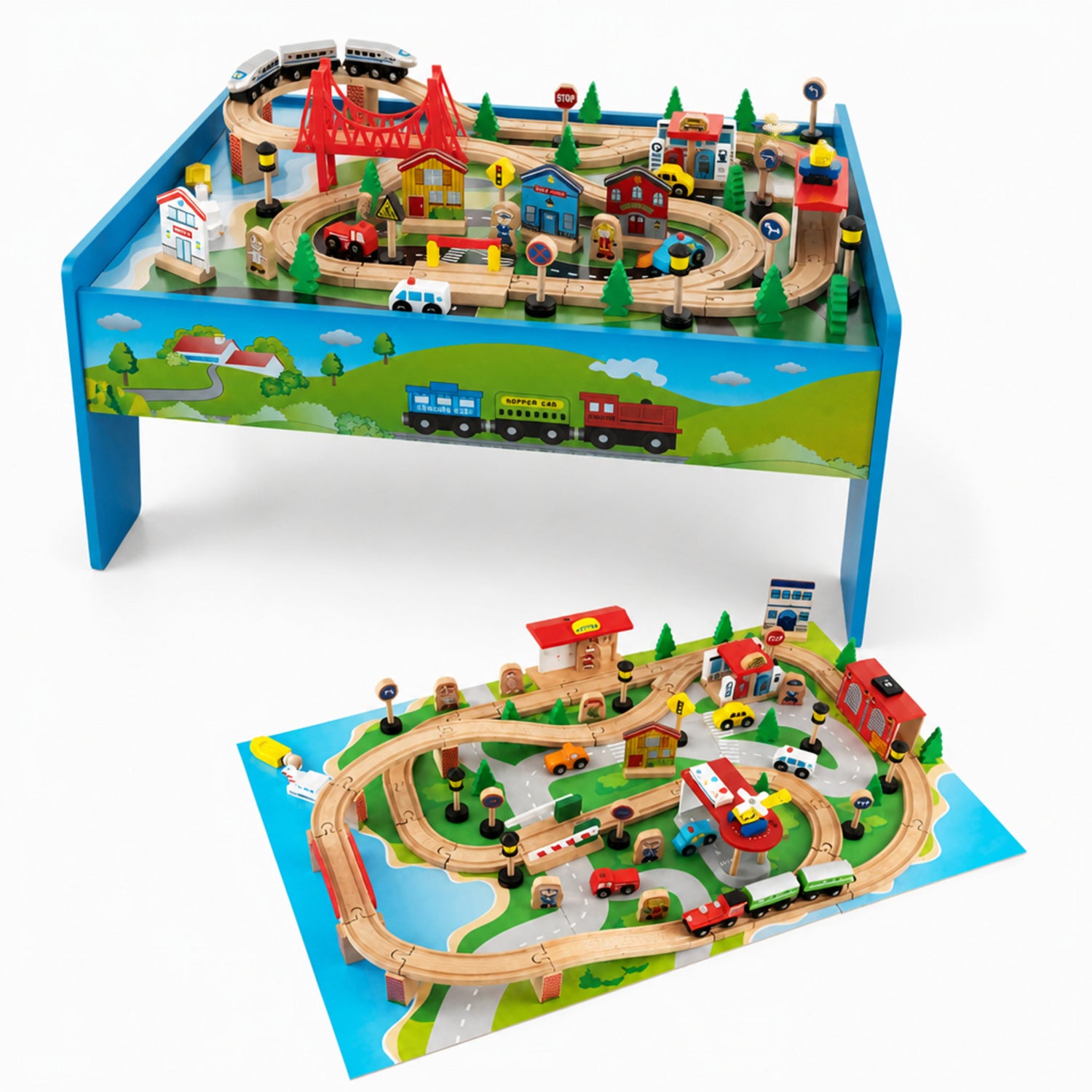 Wooden Train Table Set 84/80 Pieces Reversible Tabletop Kids Activity Table