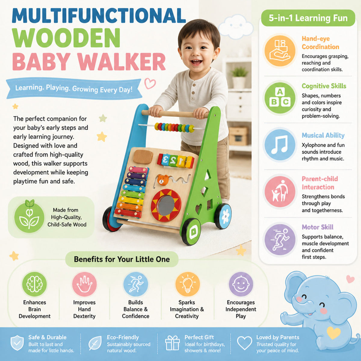 Push and Pull Learning Activity Walker with Smooth Handle Baby Toddler Toy