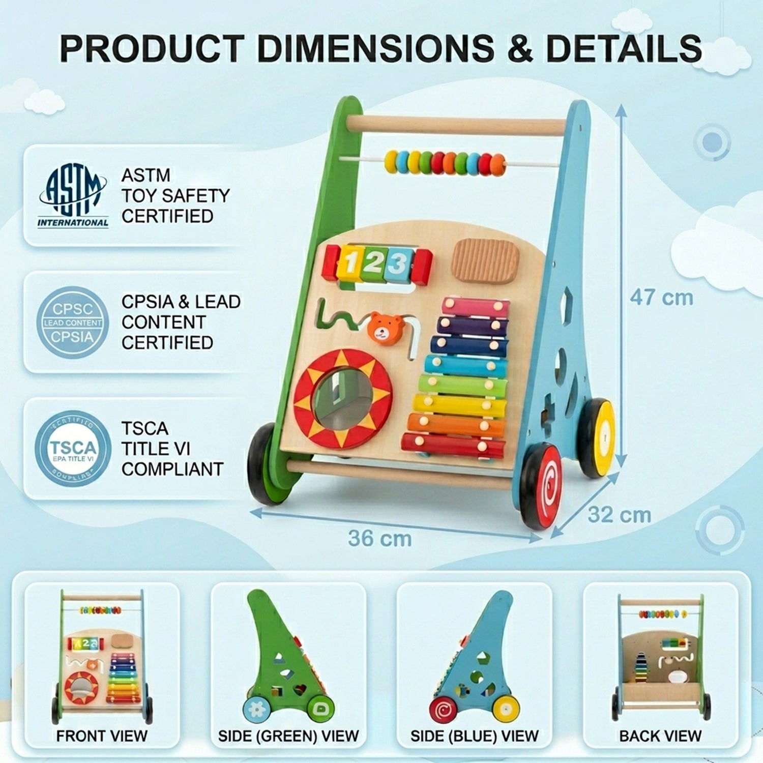 Push and Pull Learning Activity Walker with Smooth Handle Baby Toddler Toy