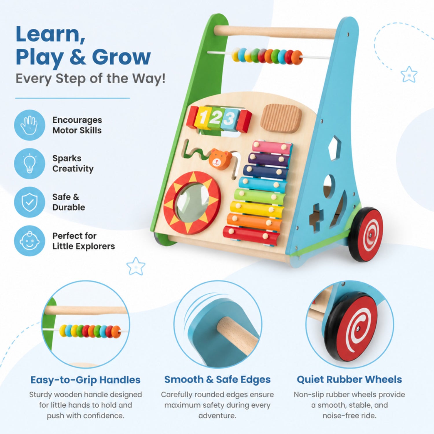 Push and Pull Learning Activity Walker with Smooth Handle Baby Toddler Toy