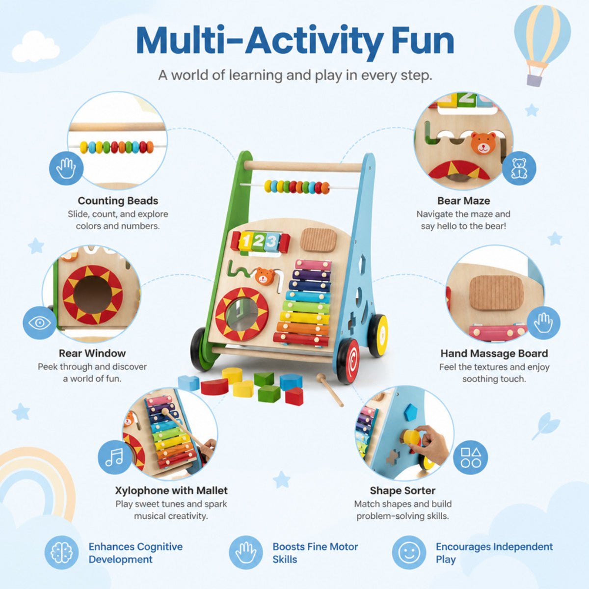 Push and Pull Learning Activity Walker with Smooth Handle Baby Toddler Toy