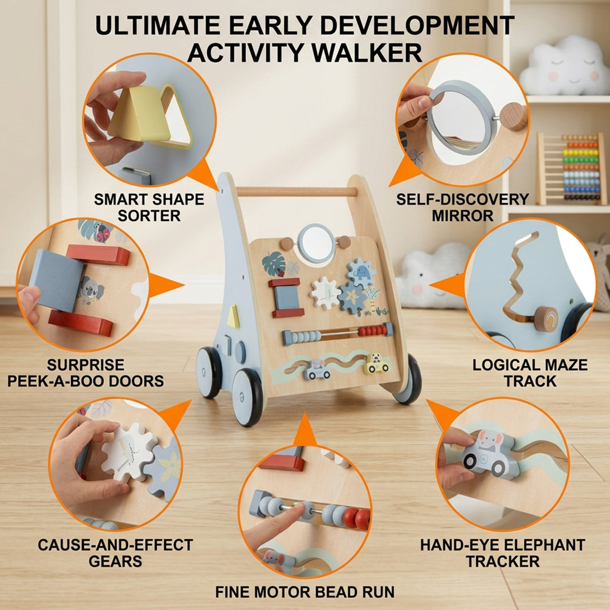 Wooden Baby Walker with Storage for Motor Skill Development Toddler Toy