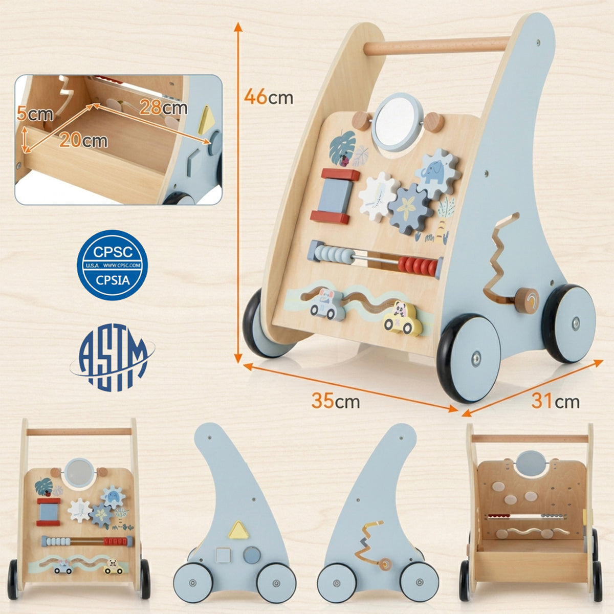 Wooden Baby Walker with Storage for Motor Skill Development Toddler Toy