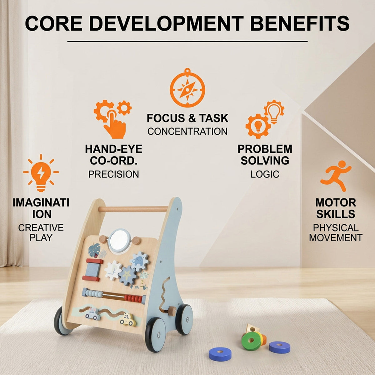 Wooden Baby Walker with Storage for Motor Skill Development Toddler Toy
