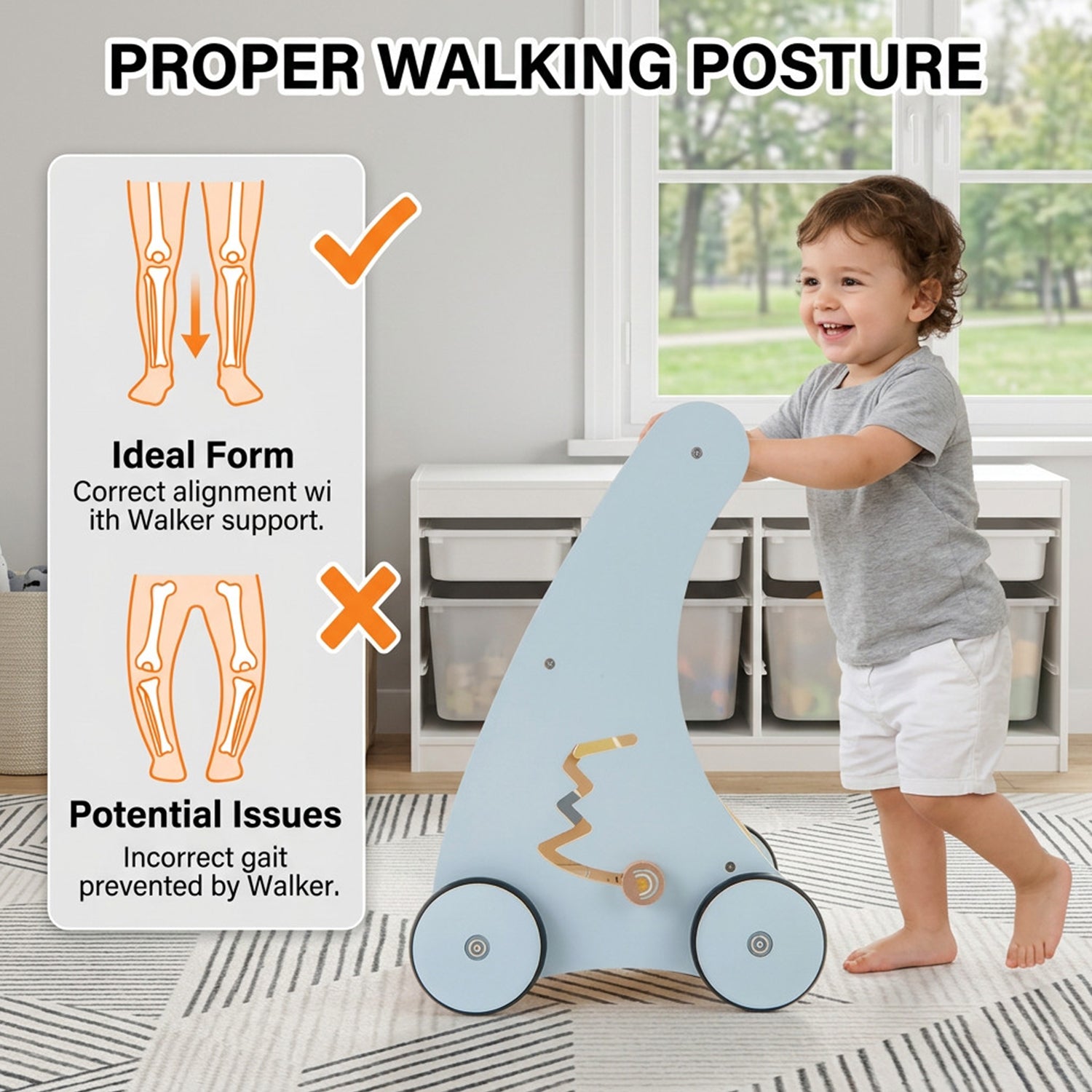 Wooden Baby Walker with Storage for Motor Skill Development Toddler Toy