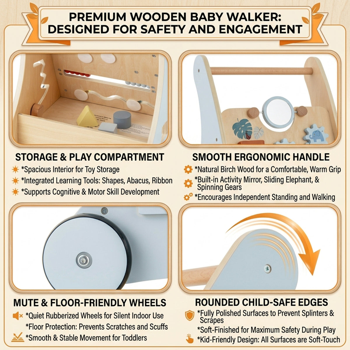 Wooden Baby Walker with Storage for Motor Skill Development Toddler Toy