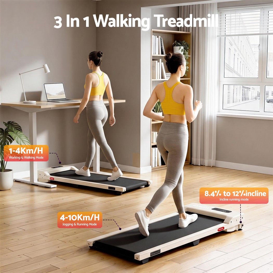 Everfit 3 in 1 Walking Pad Treadmill 12% Incline Under Desk Home Gym Beige