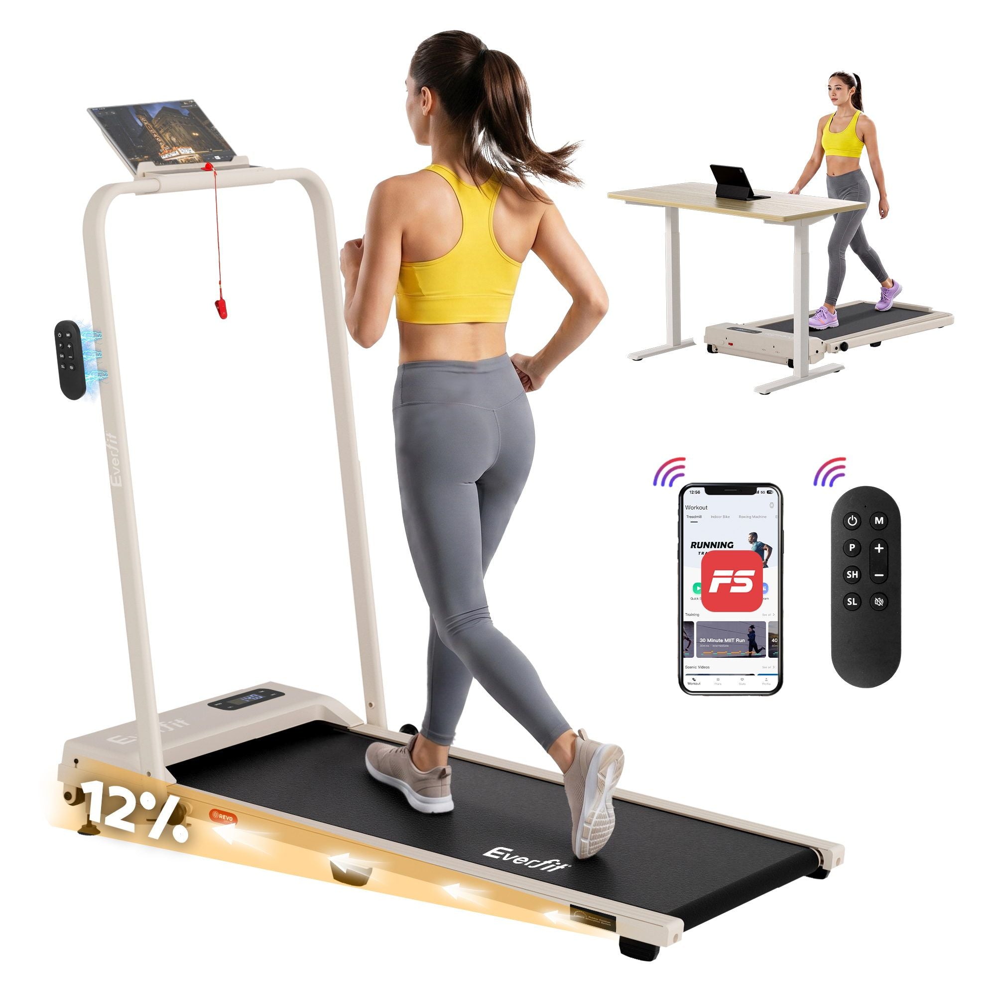 Everfit 3 in 1 Foldable Walking Pad Treadmill 12% Incline 38cm Belt App Control