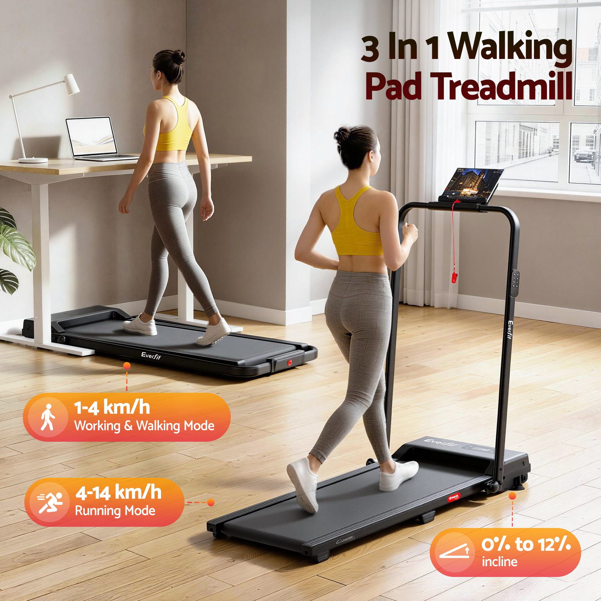 Everfit 3 in 1 Foldable Walking Pad Treadmill 12% Incline APP Control