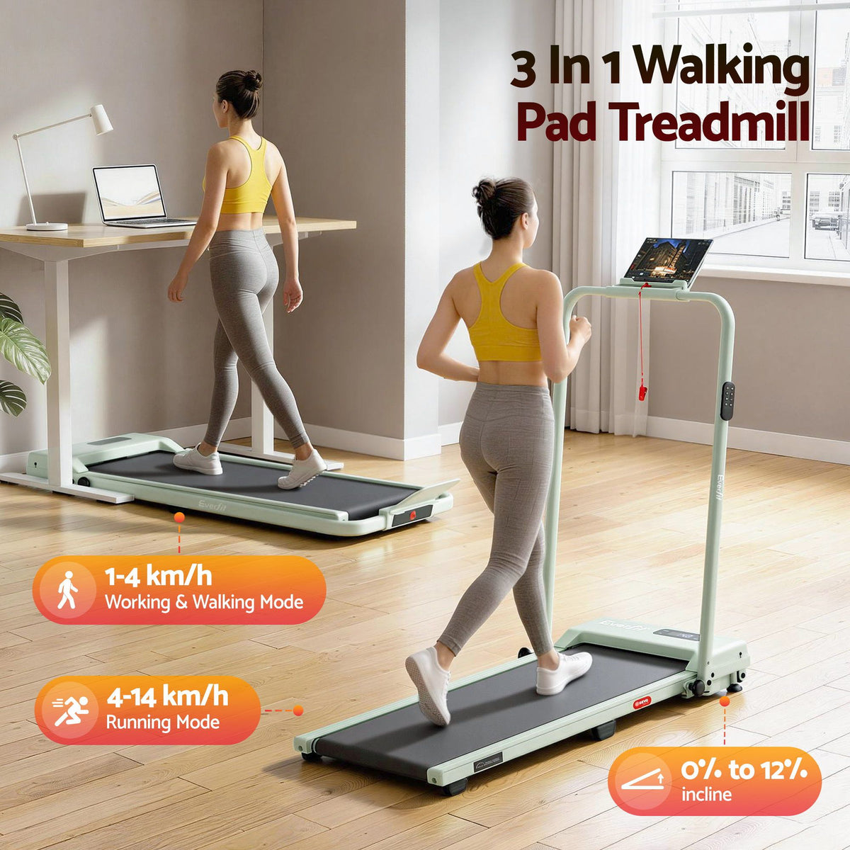 Everfit 3 in 1 Foldable Walking Pad Treadmill 12% Incline APP Control