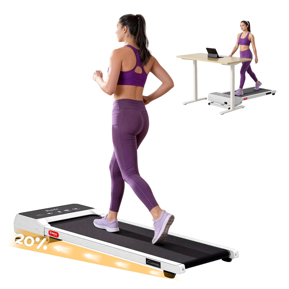 Everfit 3 in 1 Walking Pad 20% Auto Incline Under Desk Treadmills White