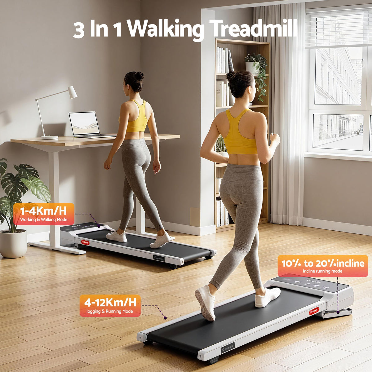 Everfit 3 in 1 Walking Pad 20% Auto Incline Under Desk Treadmills White