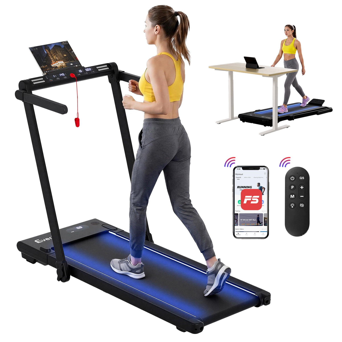 Everfit 3-in-1 Foldable Walking Pad Treadmill Under Desk 40cm Belt LED Black