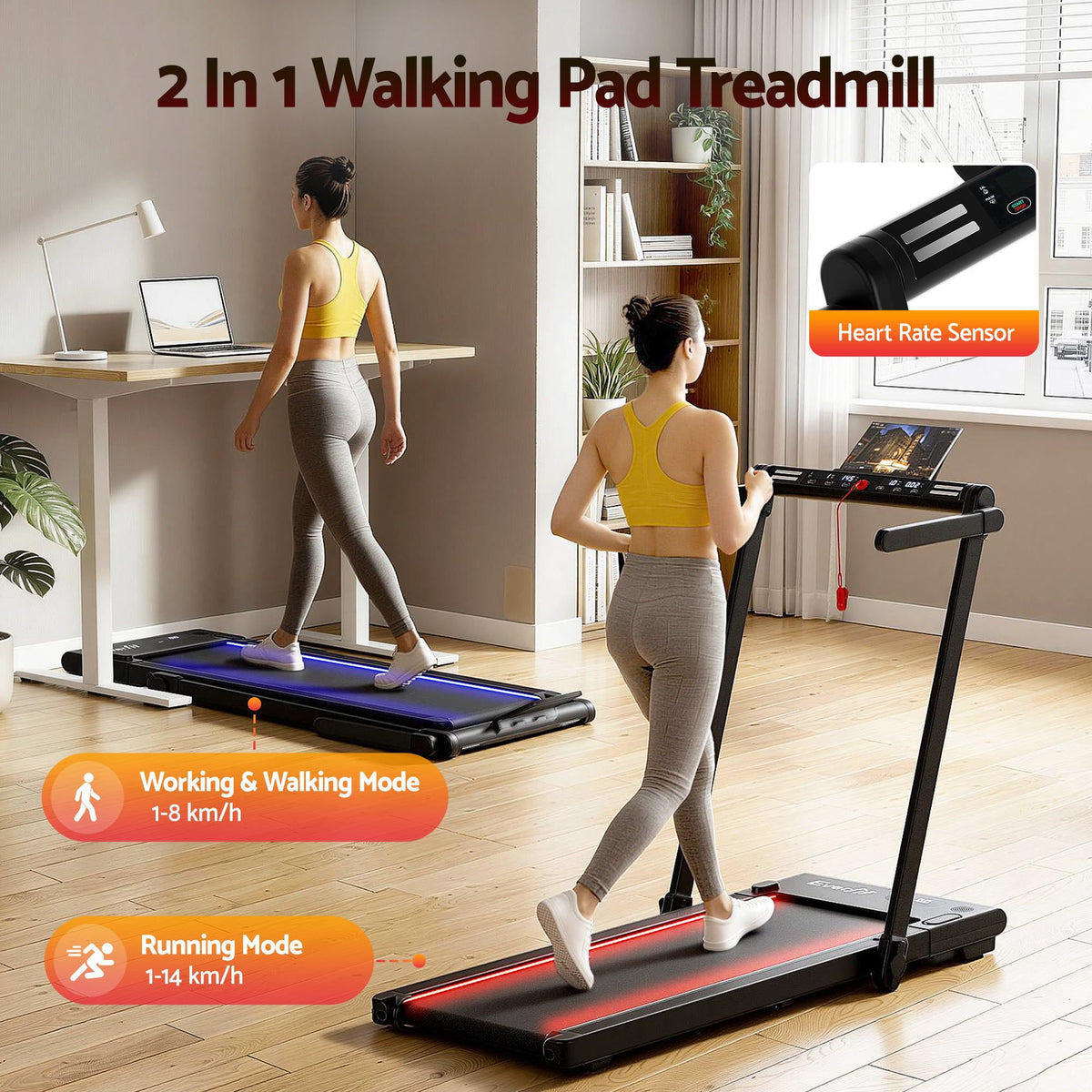 Everfit 3-in-1 Foldable Walking Pad Treadmill Under Desk 40cm Belt LED Black