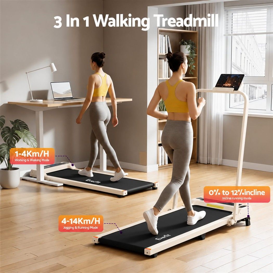 Everfit 3 in 1 Walking Pad Treadmill 12% Incline Foldable Under Desk 40cm Beige