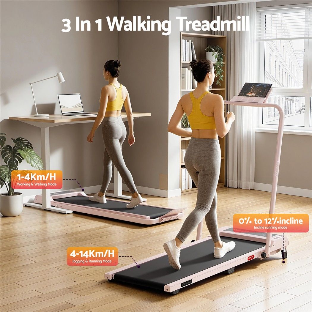 Everfit 3 in 1 Walking Pad Treadmill 12% Incline Under Desk 40cm Belt Pink