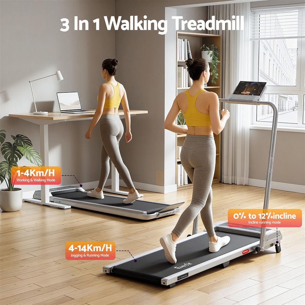 Everfit 3 in 1 Walking Pad Treadmill 12% Incline Under Desk 40cm Belt Silver