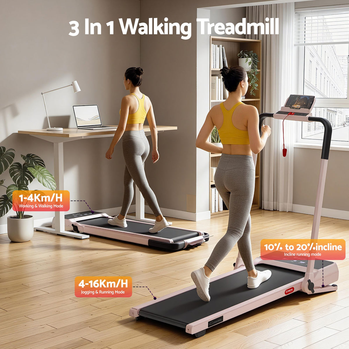Everfit 3 in 1 Walking Pad 20% Auto Incline Under Desk Foldable Treadmills Pink