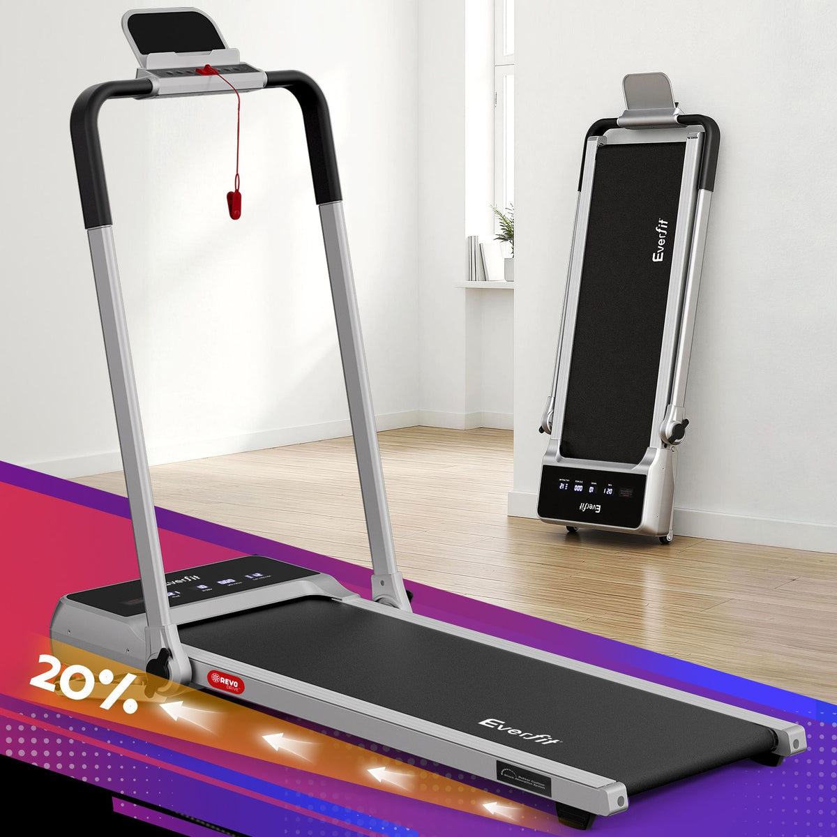 Everfit 3in1 Walking Pad 20% Auto Incline Under Desk Foldable Treadmills Silver