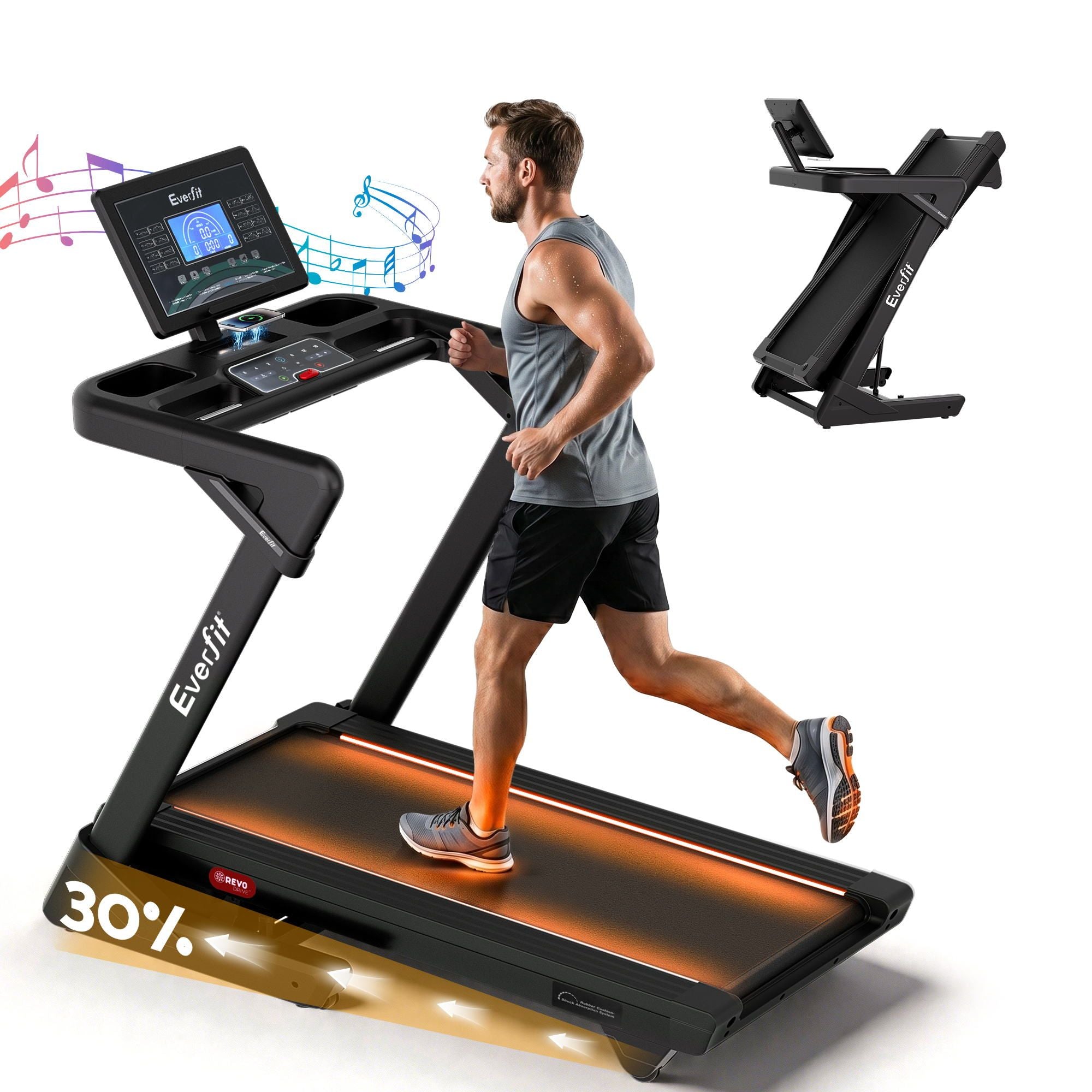 Everfit 500mm Wide Belt Treadmill 30% Auto Incline Foldable with LED Lights