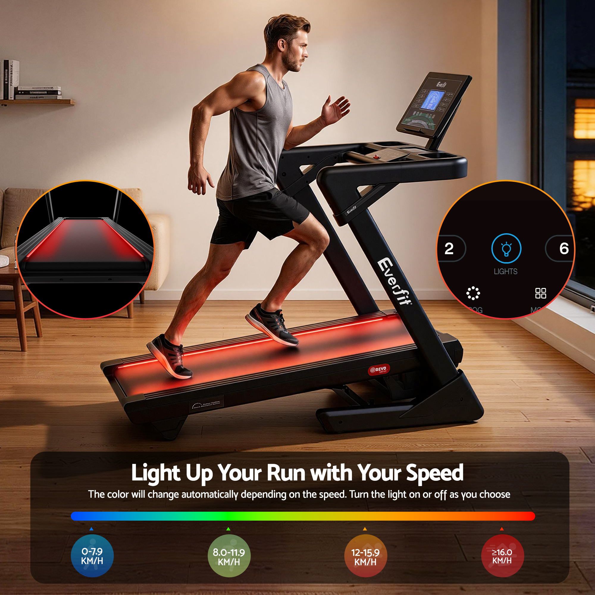 Everfit 500mm Wide Belt Treadmill 30% Auto Incline Foldable with LED Lights