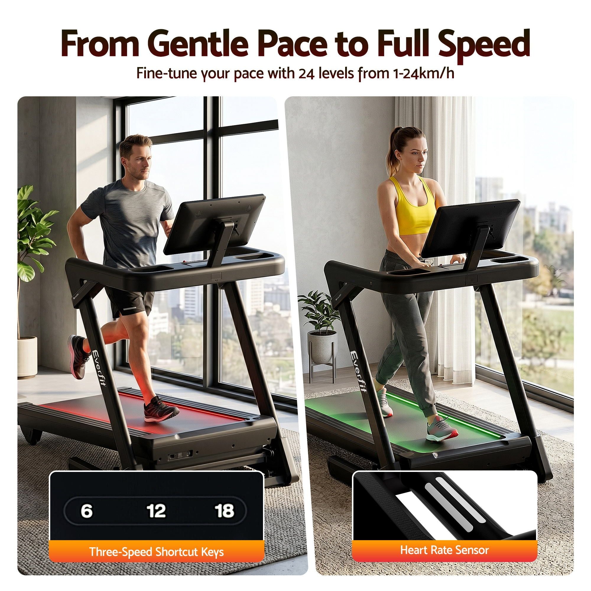 Everfit 500mm Wide Belt Treadmill 30% Auto Incline Foldable with LED Lights