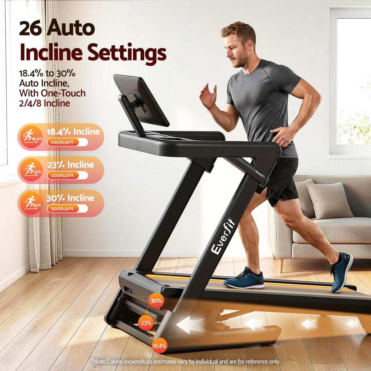 Everfit 500mm Wide Belt Treadmill 30% Auto Incline Foldable with LED Lights