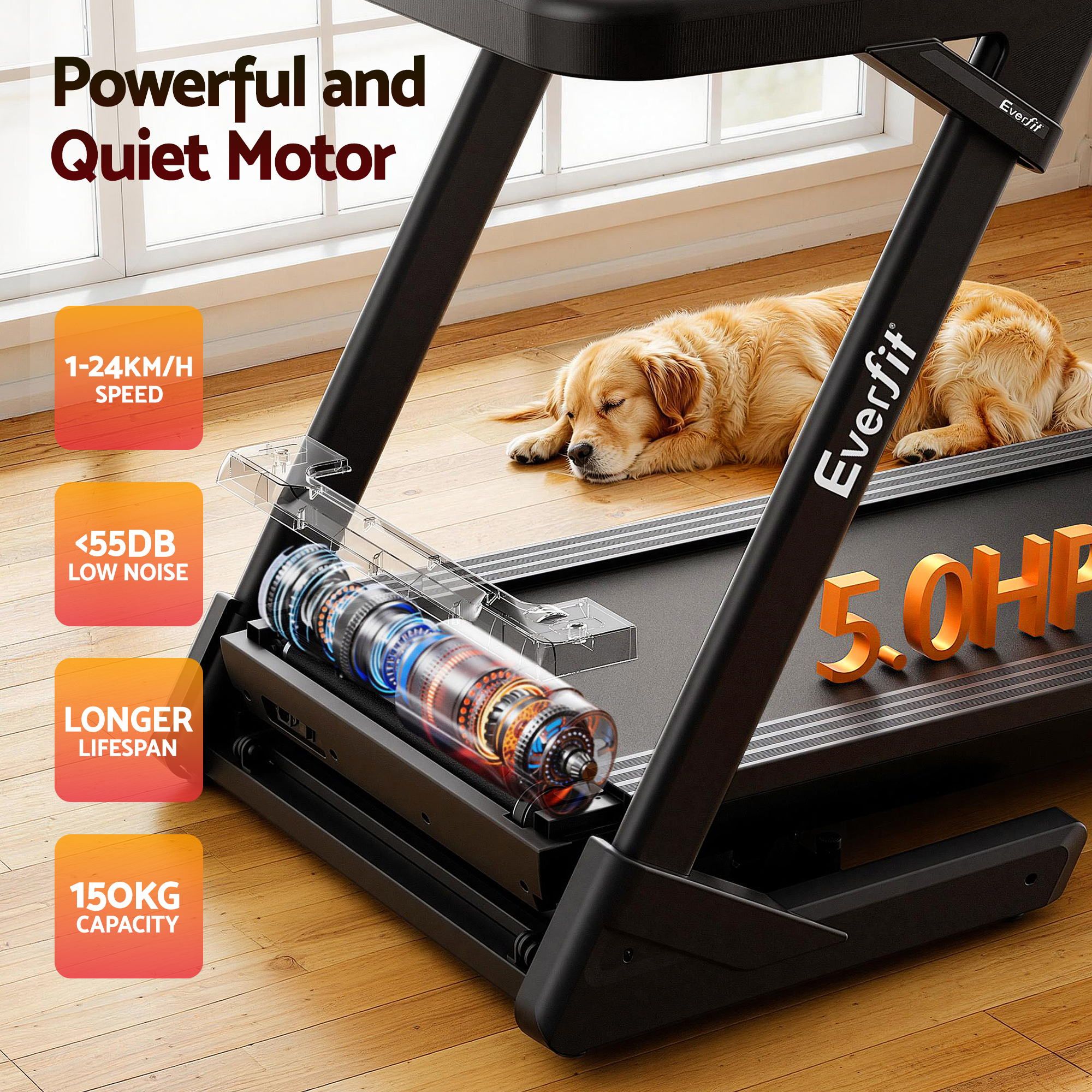 Everfit 500mm Wide Belt Treadmill 30% Auto Incline Foldable with LED Lights
