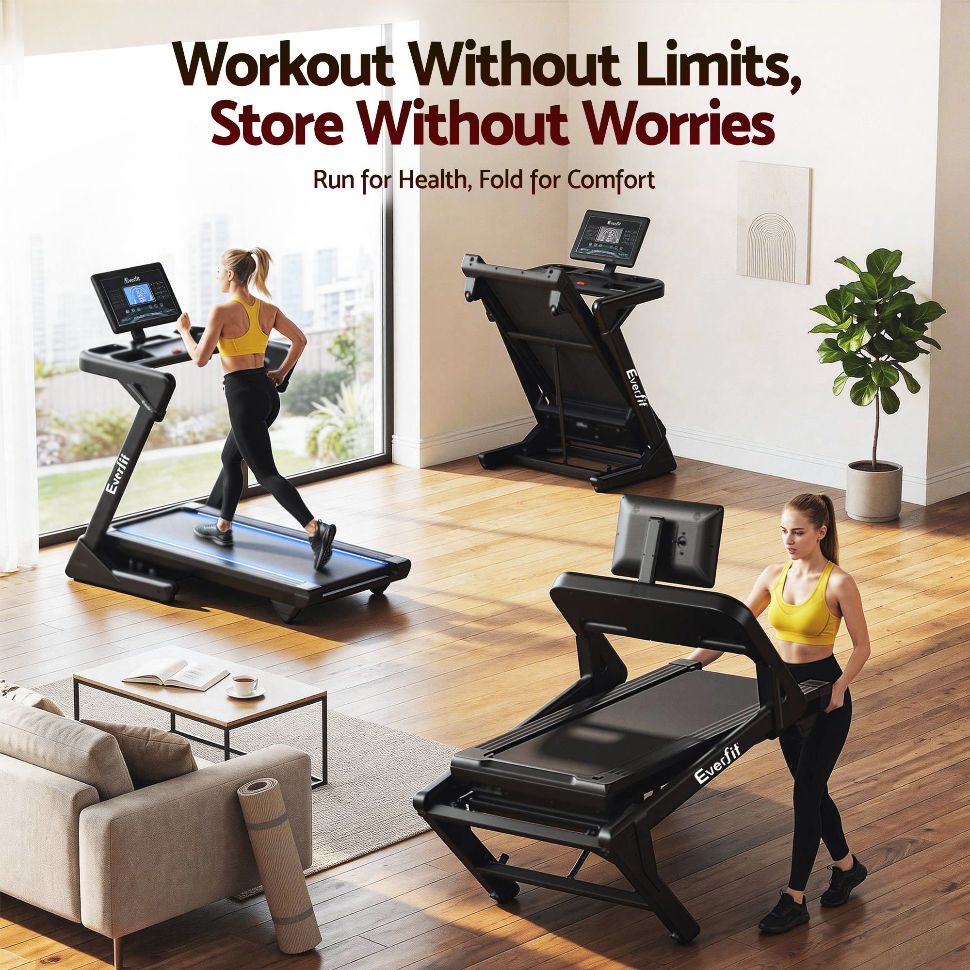 Everfit 500mm Wide Belt Treadmill 30% Auto Incline Foldable with LED Lights