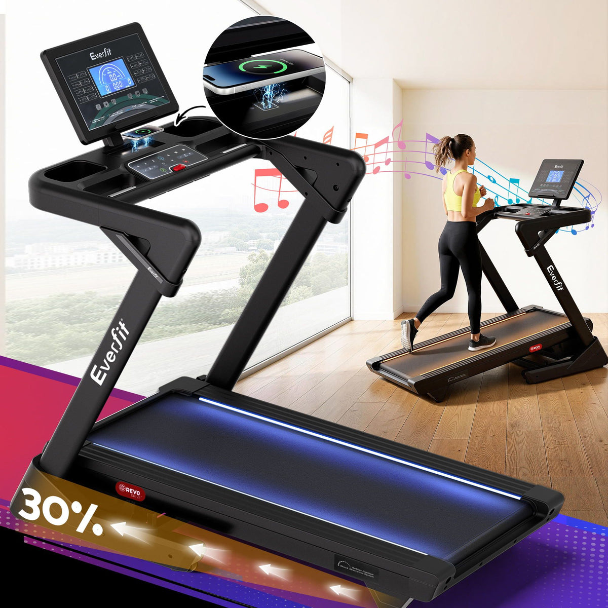 Everfit 500mm Wide Belt Treadmill 30% Auto Incline Foldable with LED Lights