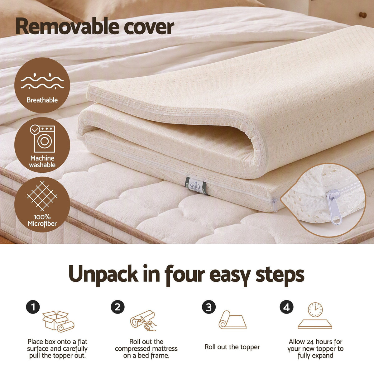 Giselle Bedding Double Latex Mattress Topper 7-Zone Natural Latex Core 5cm
