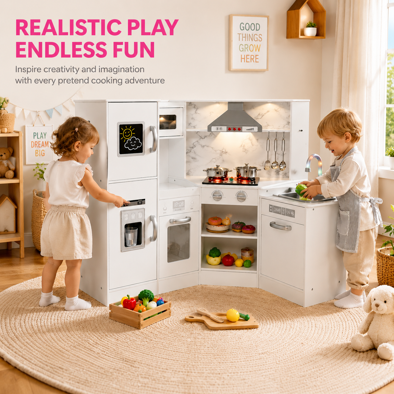 Kids Corner Kitchen Playset with Separated Washing Basin Pretend Play Toy