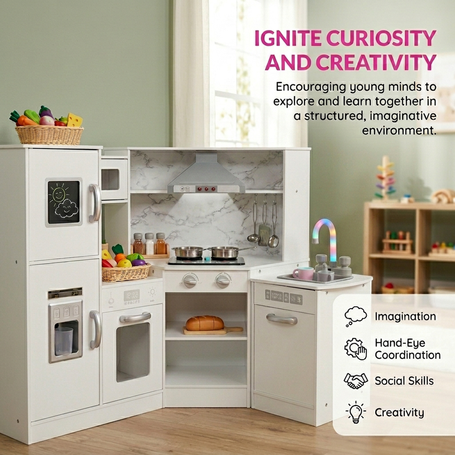 Kids Corner Kitchen Playset with Separated Washing Basin Pretend Play Toy