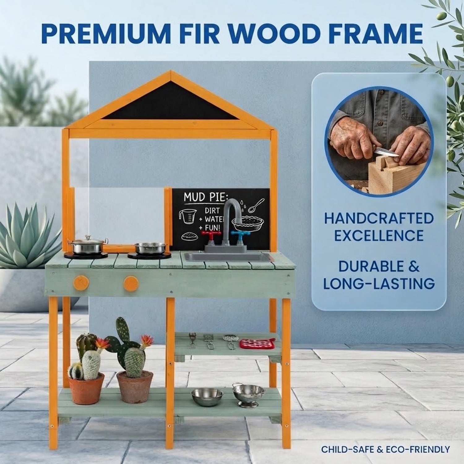 Kids Mud Kitchen Playset with Root Viewer Planter Faucet Sink Fir Wood