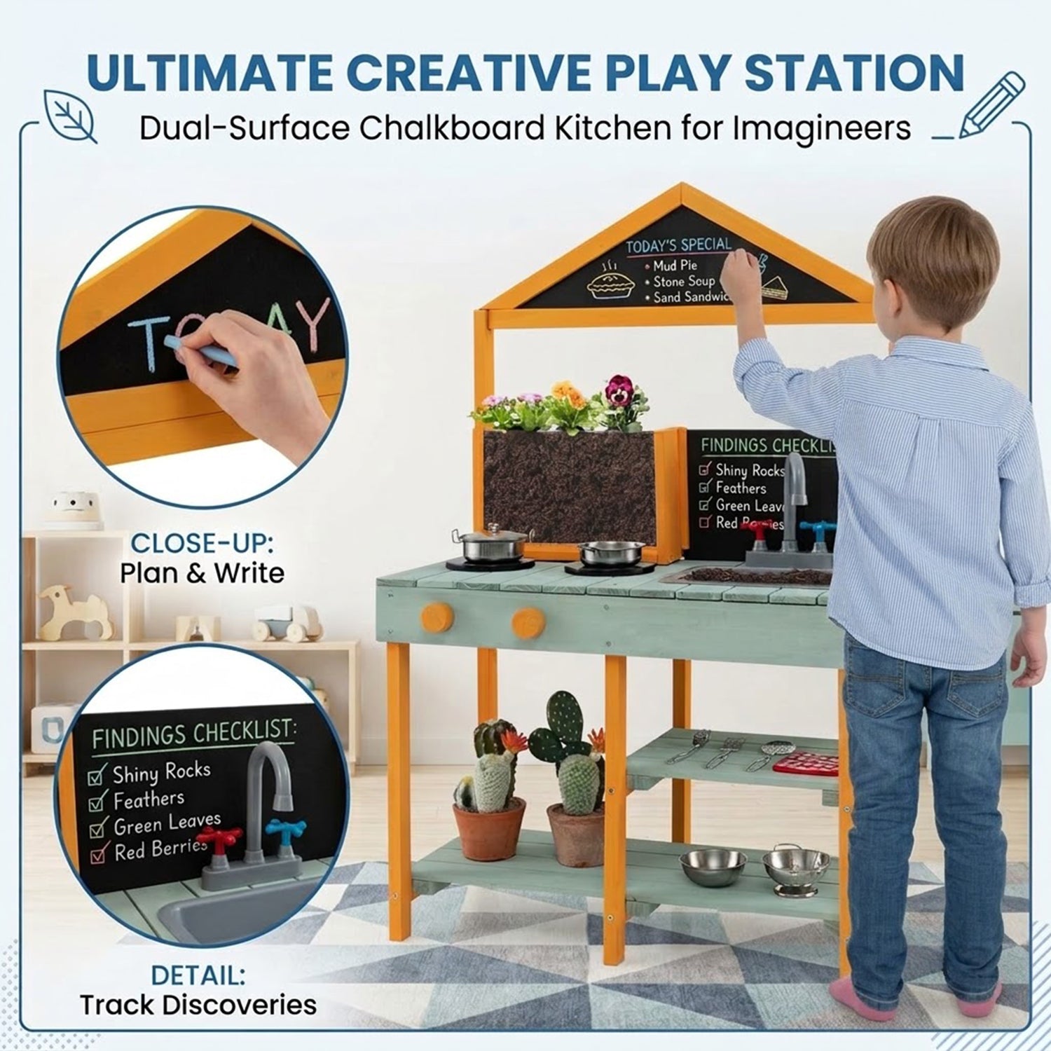 Kids Mud Kitchen Playset with Root Viewer Planter Faucet Sink Fir Wood