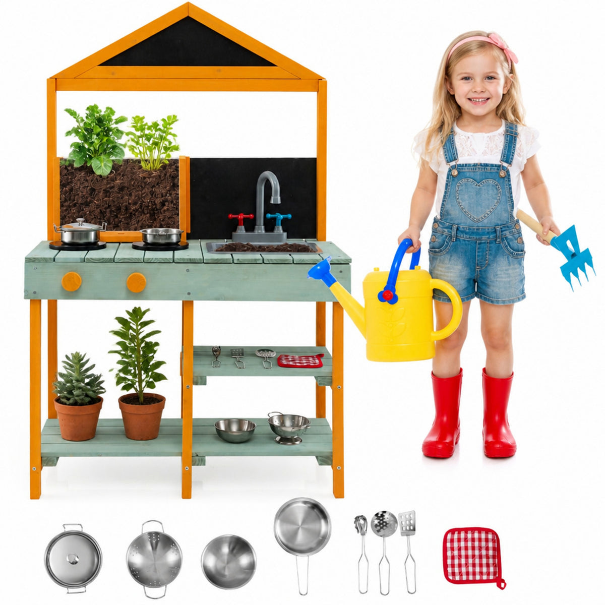 Kids Mud Kitchen Playset with Root Viewer Planter Faucet Sink Fir Wood