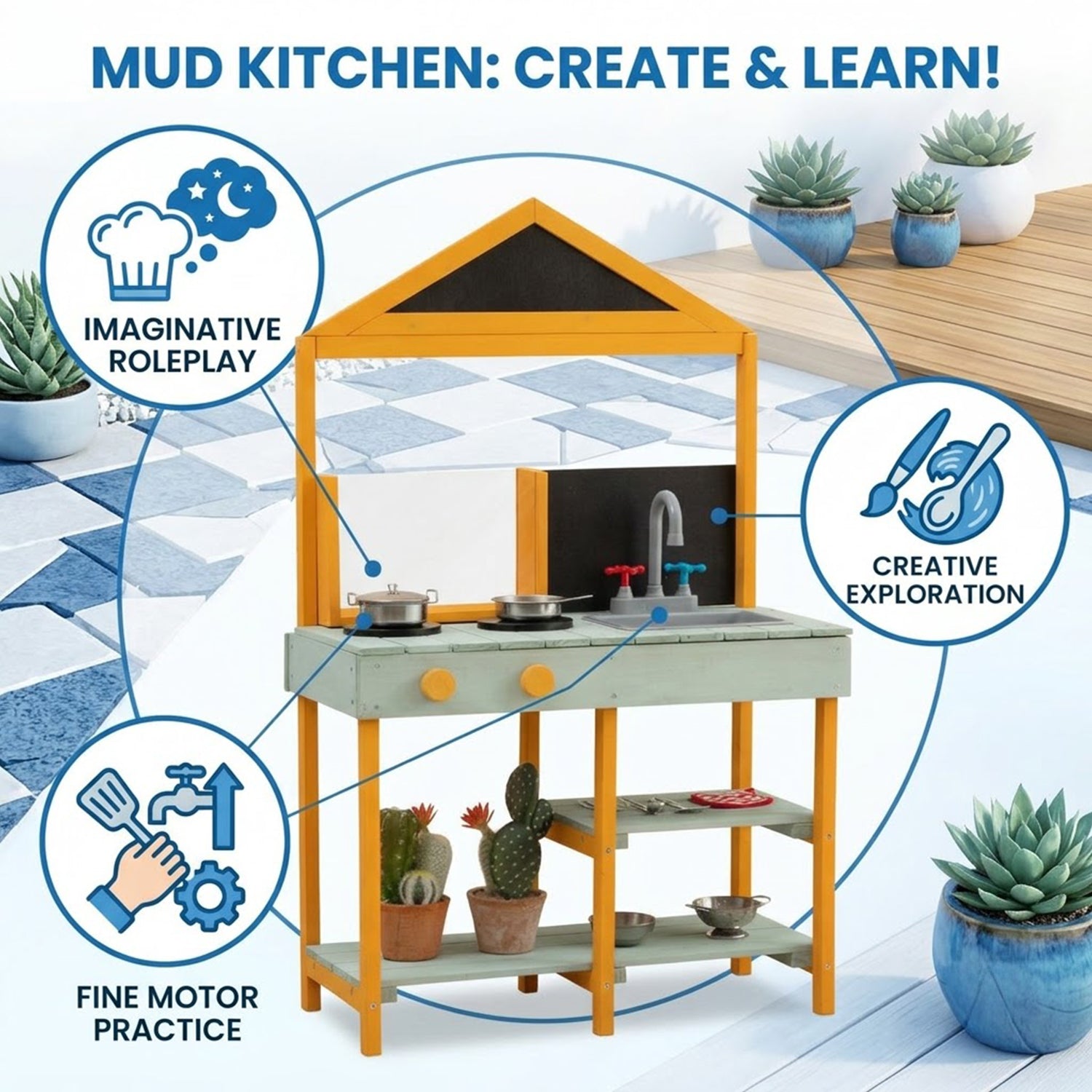 Kids Mud Kitchen Playset with Root Viewer Planter Faucet Sink Fir Wood