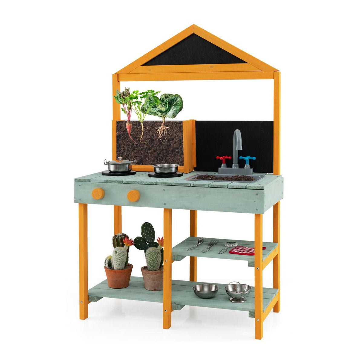 Kids Mud Kitchen Playset with Root Viewer Planter Faucet Sink Fir Wood