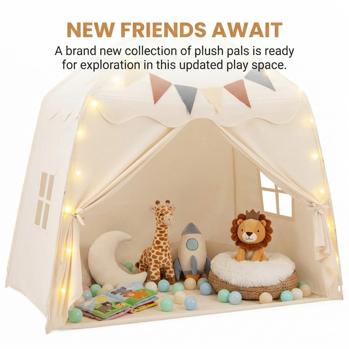 Large Kids Tent with Bright Lights and Flags for Aged 3 Years Old Play Toy